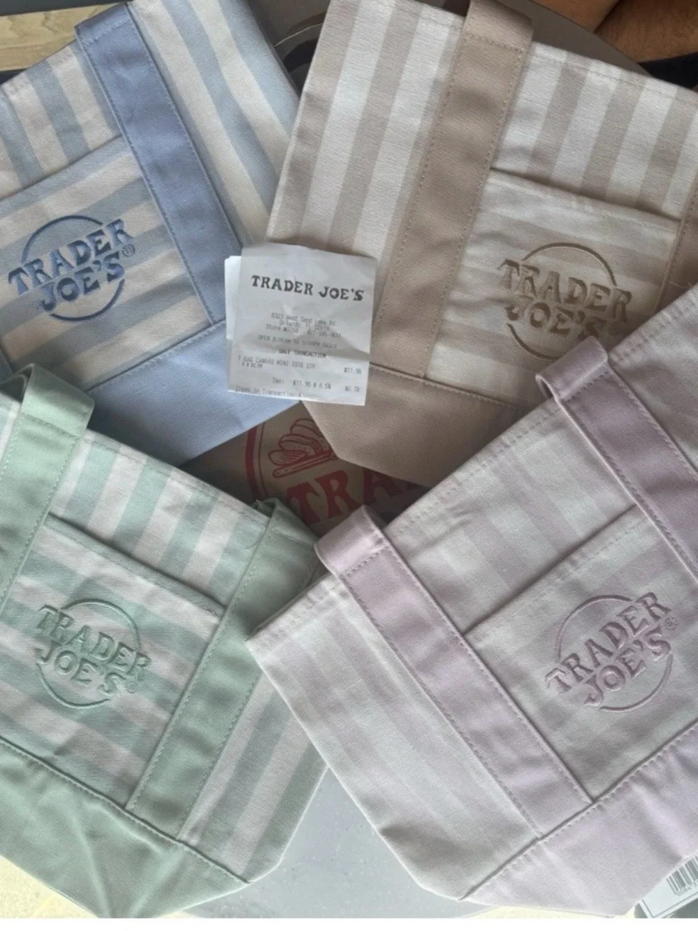 Trader Joe's Pastel Stripe Canvas Tote - Set of Soft Mint, Lavender, Blue, Beige